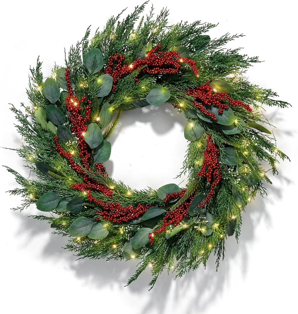 LampLust Winter Wreaths for Front Door Outside, 24 Inch Cypress & Eucalyptus Wreath with Red Berries 100 LED Lights, Timer, Battery Powered, Farmhouse Wreath Year Round, Winter Wreaths for Indoors