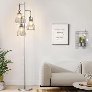Dimmable Floor Lamp, 3 x 800LM LED Edison Bulbs Included, Farmhouse Industrial Floor Lamp Standing Tree Lamp with Elegant Cage Tall Lamps for Living Room Bedroom Office - Silver (C-Silver)