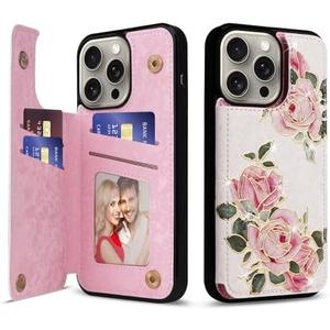 UEEBAI Wallet Case for iPhone 14 Pro with Card Holders, PU Leather Cover Kickstand RFID Blocking Double Magnetic Clasp Rilievo Flower Shockproof Flip Case for Women Girls - Rose Flower