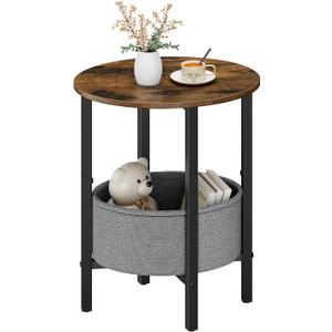 Vagusicc Round Side Table End Table with Storage Basket, Small Side Table Round Nightstand for Small Spaces, Tall Oval End Table with Steel Frame, Coffee Bedside Table for Living Room, Rustic Brown