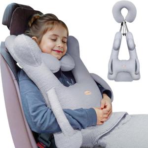 Kids Travel Pillow, Car Sleeping Travel Pillow for Kids, Removable H-Shaped Pillow for Adults and Children to Support Head and Body Road Trips with Neck Pillow and Blanket (Dark Grey)