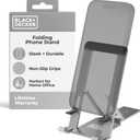 BLACK+DECKER Phone Stand for Desk - Folding Cell Phone Stand Holder - Adjustable and Portable, Folds Down Flat - for Office, Gaming, Bed, Travel - Phone Kickstand Compatible with iPhone (Silver)