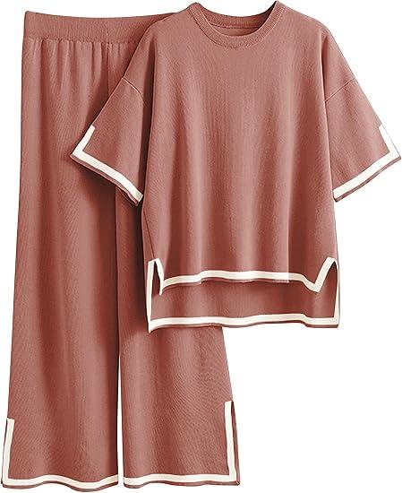 Faleave Womens Knit 2 Piece Sweater Sets Short Sleeve Pullover Tops Elastic Waist Wide Leg Pants Lounge Set XL