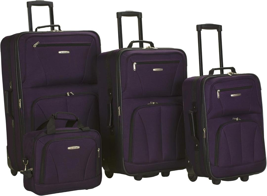 Rockland Fashion Softside 4 Piece Luggage Set, Expandable, (14" Tote/19"/24"/28"), Purple