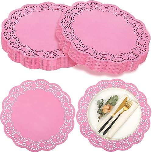 Yexiya 200 Pcs Doilies Paper Doilies Lace Paper Doilies Disposable Foil Lace Paper Doilies Placemats Doily Paper Pad Paper Placemats for Cakes Crafts Party Wedding Decor (Pink) 14"