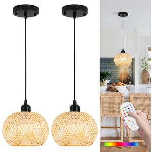 Boho Pendant Light Battery Operated,Rechargeable Woven Pendant Light with Remote,Rattan Pendant Light Fixtures for Kitchen Island,Wicker Hanging Lights for Dining Room Bedroom Hallway Entryway. (7.87 in, Brown)