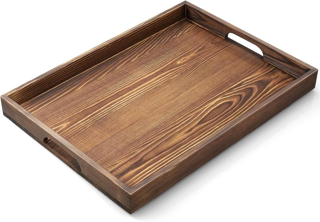 17 Inch Burnt Wood Serving Tray with Handles, Large Wooden Tray for Ottoman, Breakfast in Bed, Coffee Table, Dinner, Rectangular Tray for Living Room Bedroom Entryway and Kitchen (Brown)