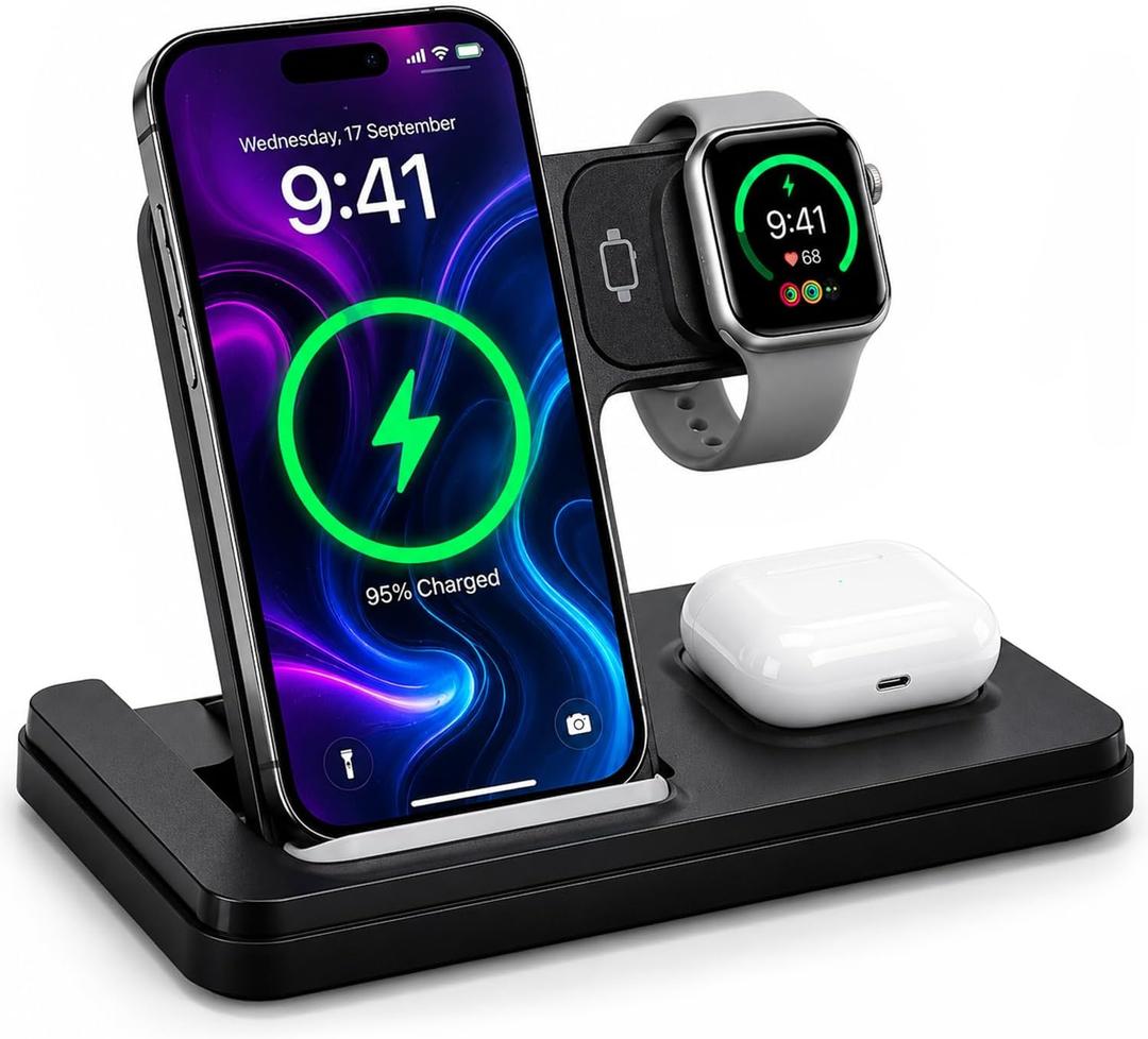 Foldable 3 in 1 Wireless Charging Station for Apple Magsafe Charger Stand,Fast Magnetic Wireless Charger Station for iPhone 17 Air 16 15 14 13 12 Series,Airpods Pro,Apple Watch Ultra
