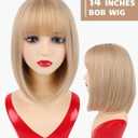 NOTICEME 14 Inch Blonde Bob Wig with Bangs, Short Straight Synthetic Heat Resistant Wigs for Women with Adjustable Straps & Wig Cap for Party Cosplay Daily Use