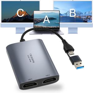 USB C to Dual HDMI Adapter, 1080P 60Hz Multi-Monitor Splitter for MacBook/PC/Laptop - USB-A/USB-C to 2 HDMI Ports, Aluminum Docking Station, Audio Sync, Windows/macOS Software Control MST