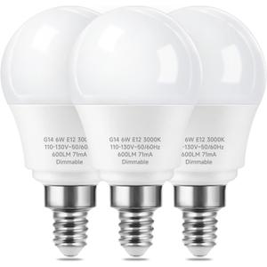 E12 Ceiling Fan Light Bulbs Dimmable, 60w Equivalent LED Bulb, Warm White 3000K, E12 Small Base Candelabra A15 LED Round Light Bulb, 600 Lumen, Pack of 3