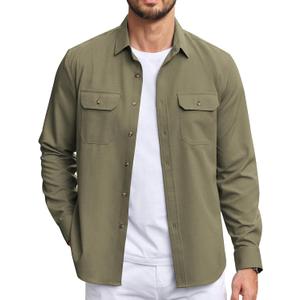 COOFANDY Mens Casual Button Down Shirts Long Sleeve Wrinkle-Free Shirt Lightweight Shirt Jacket (Medium, Army Green)