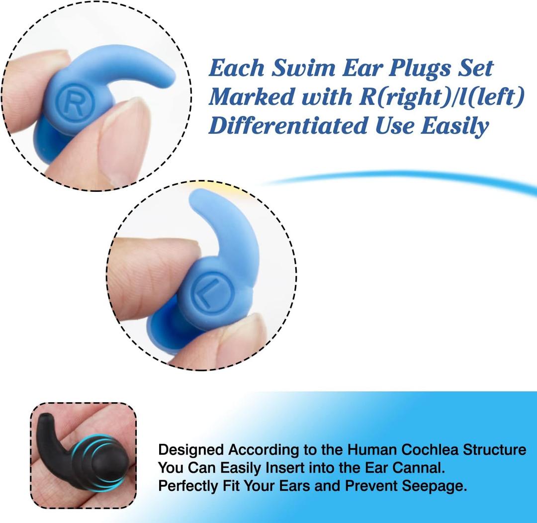 Reusable Ear Plugs for Swimming, 3 Pairs Soft Silicone Waterproof Swim Earplugs with Noise Cancelling for Bathing, Surfing and Other Watersports (Black Blue Orange for Teens & Adults)