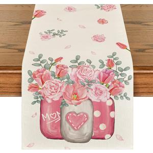 Artoid Mode Tulips Carnations Flower Vase Eucalyptus Mother's Day Table Runner, Kitchen Dining Table Decoration for Home Party Decor 13x72 Inch