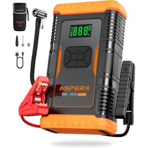 ASPERX Jump Starter with Air Compressor,Upgrade & Safety Certs10L Gas/8L Diesel(Almost All Cars) 12V Jumper Box Car Battery Jumper Starter Portable with Tire Inflator, Jumper Cables, Display & Light (Black & Orange)