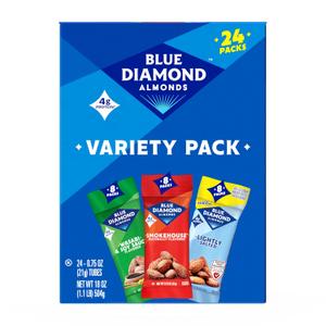 Blue Diamond Almonds Snack Nut Variety Pack for Kids, Office, School, On-the-go, 0.75 oz Gluten Free Individual Packs, Wasabi & Soy Sauce, Lightly Salted, and Smokehouse (Pack of 1,24 Count Total) (EXP 05/27/27)