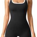 OQQ Women Rompers Sleeveless Square Neck Stretch Contrast Workout Active Tank Romper (Small, Black)