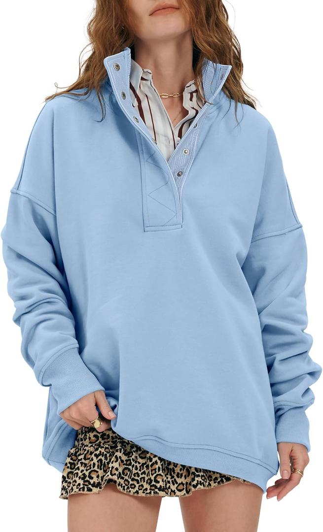 Locachy Womens Casual Button Henley Neck Cotton Oversized Sweatshirt Long Sleeve Pullover Tops Outfits (Medium, Blue)