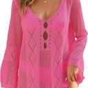 Womens Summer Crochet Swimsuit Coverup Sexy Crew Neck Long Sleeve Mesh Knit Bikini Cover Ups Beach Dresses 2026 (Pink, S)