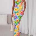 PRETTYGARDEN Women's 2026 Summer Floral Bodycon Maxi Dresses Ribbed Strapless Tube Casual Boho Party Long Dress (Blue, XL)