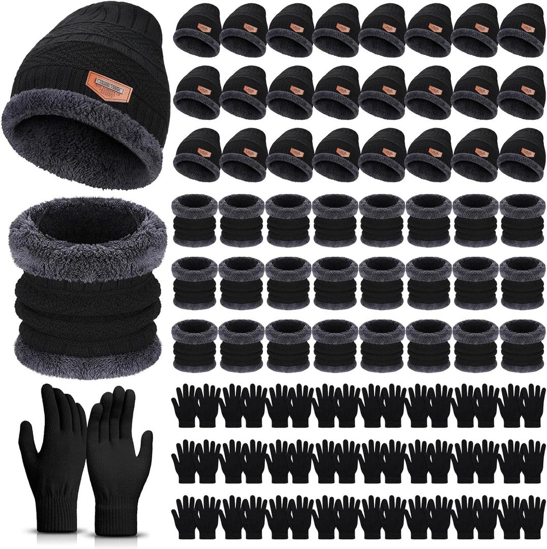 72 Pcs Winter Beanies Hat Glove Scarf Sets Unisex Knitted Cap Beanie Bulk Winter Gloves Bulk Fleece Neck Warmer for Adults (Black)
