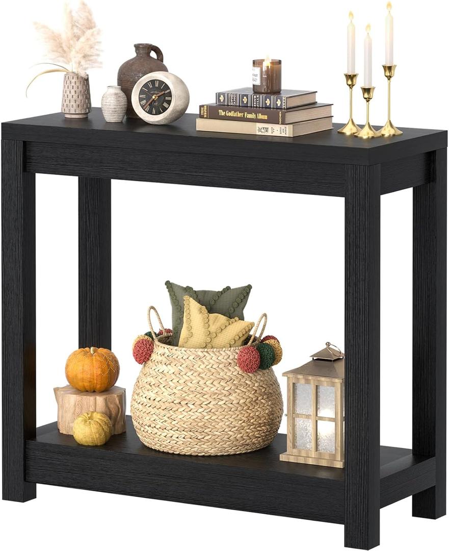 Small Farmhouse Wood Entryway Table Narrow Console Table with Storage Behind Couch Sofa Table with Shelves Entry Way Table with Open Storage, Easy Assembly, 32" Embossed Wood Grain Black