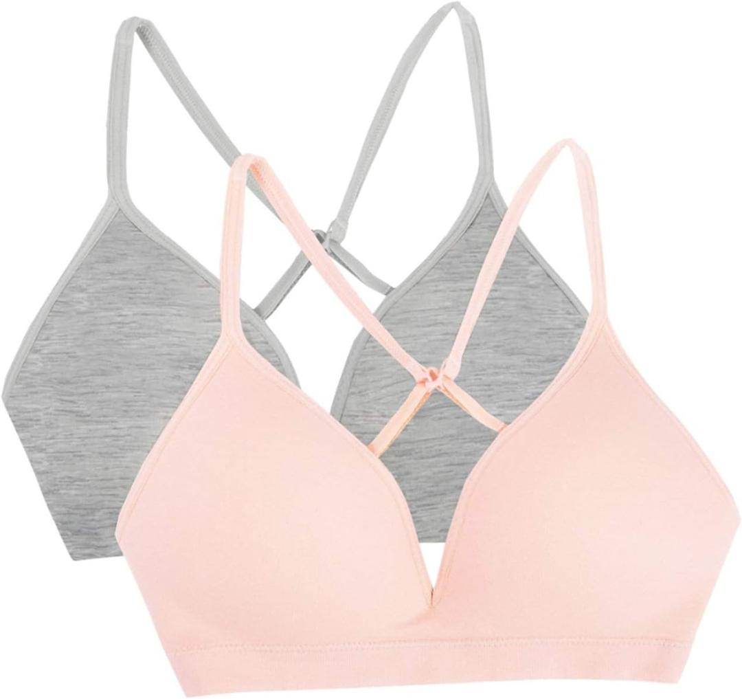 Fruit of the Loom Girls' 2-Pack Seamless Soft Cup Bras  Lightweight & Gentle Support (30, Grey Heather/Blushing Rose)