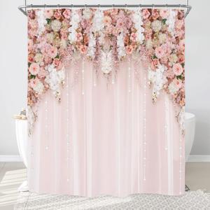 Riyidecor Extra Long 72Wx84H Shower Curtain for Bathroom Decor Bridal Floral Elegant Wedding Flower Pink Rose Blossom Women Girl Spring Art Printed Fabric Polyester Waterproof 12 Pack Plastic Hooks (01blush)