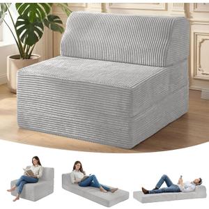 Kasunpul Folding Sofa Bed with Pillow, Memory Foam Fold Out Chair Bed, Convertible Sleeper Chair with Washable Cover, Futon Floor Couch for Living Room/Dorm/Guest Use/Home Office/Apartment, Grey