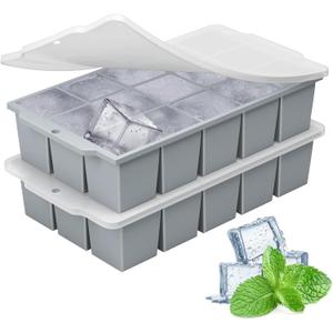 Silicone Ice Cube Tray with Locks Lids, Easy Release Flexible 15 Square Ice Trays for Freezer, Stackable & Reusable Ice Cube Mold for Whiskey, Cocktails, Baby Food, BPA Free, 1 Pack (Gray)