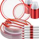 Goodluck 175 Pcs Red Plastic Plates, Clear Plastic Silverware Disposable Plates Set, Include 50 Plates, 25 Pack Pre Rolled Napkins with Silverware, 25 Cups for Party, Christmas, Graduation, Wedding