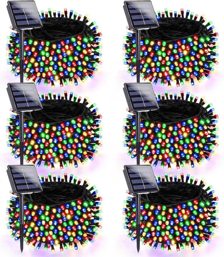 6 Pack Solar Christmas Lights Outdoor Waterproof, Super Bright 270FT 480 LED Solar Lights String with 8 Lighting Modes, Green Wire Solar Twinkle Fairy Lights for Xmas Tree Garden(Multi-Colored)
