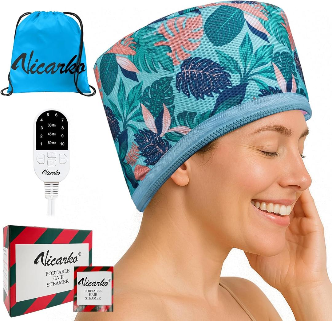 VICARKO Hair Steamer for Deep Conditioning, 10-Level Heats Up Quickly, 118 Power Cord, Heating Cap Hot Oil Treatment Heat, Electric Thermal Heated Steam Natural Black Hair, Hawaii Blue (Average)