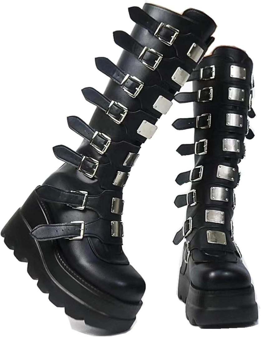 Gothniero High Platform Knee Boots Chunky Heel Wedge Black Boots For Women Combat Goth Punk Motorcycle Booties Zip up With Metal Buckles Size5-11, Black  Gothniero High Platform Knee Boots Chunky Heel Wedge Black Boots For Women Combat Goth Punk Motorcycle Booties Zip up With Metal Buckles Size5-11, Black