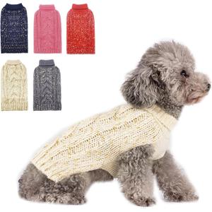 KYEESE Dog Sweater Warm Dog Clothes for Small Dogs Turtleneck Dogs Coat Turtleneck Knitwear Sweater with Golden Yarn for Fall Winter, Beige, Large