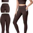 3 Piece Workout Sets for Women High Waisted Leggings with Pockets Tummy Control Biker Shorts Yoga Sports Bra (Medium, Brown)