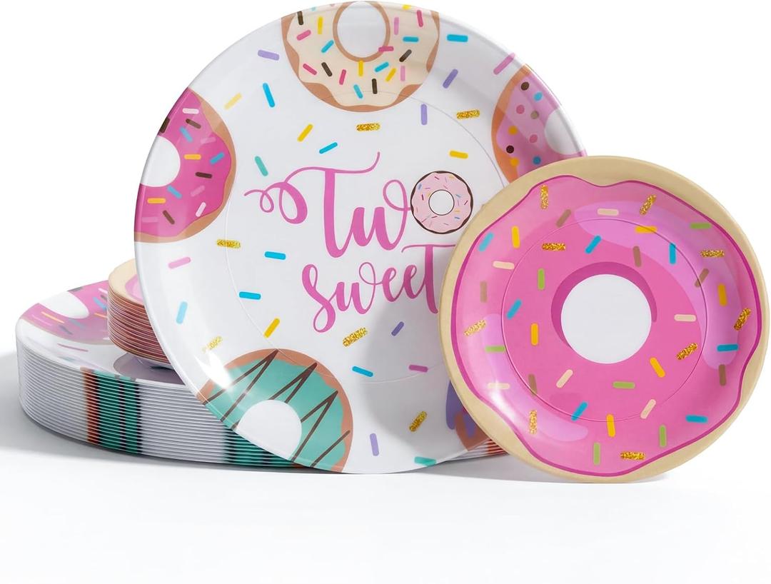 Liacere 32Pcs Donut Party Plastic Plates - Donut Birthday Party 7/10-Inch Dessert Plates Disposable Tableware Dinnerware for Two Sweet Girls' Birthday