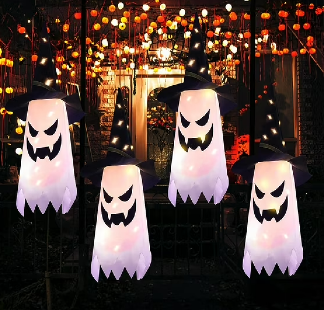 4pcs Halloween Glowing Ghost Hat Led Decorative Hanging Lights for Spooky Party Atmosphere for Porch Outdoor