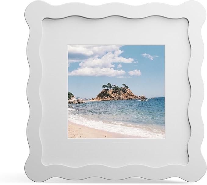 THKRLOF 6x6 Picture Frame with Mat for 4x4, Wavy Edge Wooden Real Glass Photo Frame for Tabletop and Wall Hanging, White, 1 Pack