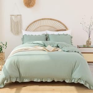 JANZAA Full Size Comforter Sage Green 3PCS 1 Ruffled Comforter Set and 2 Pillow Cases Fluffy Vintage Farmhouse Shabby Chic Bedding Soft All Season (Full, Sage Green)