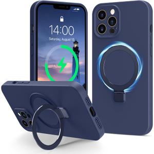 Compatible with iPhone 12 Pro Case Stand, Full Camera Protection Slim Liquid Silicone Phone Cases Fit for iPhone 12 Pro Compatible with MagSafe Magnetic Ring Kickstand Case 6.1", Dark Blue