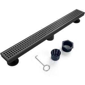 Linear Shower Drain, 32 inch Black Drain with Removable Grate Cover, Brushed 304 Stainless Steel Shower Floor Drain, Linear Drain with Hair Strainer and Adjustable Feet