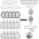 49PCS Wedding Bouquet DIY Photo Charm Oval Round Square Silver Pin Brooch Making Kit with Clear Glass Cabochons Heart Pendant Jump Rings for Craft Jewelry Making