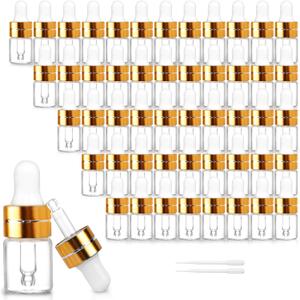 50 Pack 2ml Clear Glass Dropper Bottles with 2 Pcs Plastic Droppers, Mini Sample Dropper Bottles for Essential Oils Perfume Cosmetic Liquid, Empty Travel Sample Vials with Gold Cap