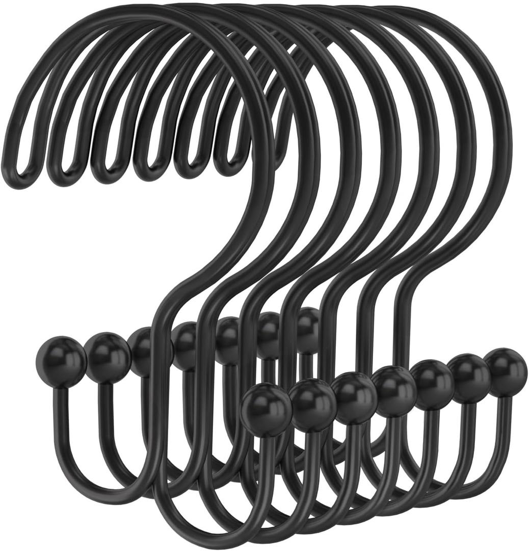 Shower Curtain Hooks, OEH Shower Curtain Rings, Black Shower Curtain Hooks Rust Proof, Decorative Double Shower Hooks for Shower Curtain, Anti-Drop Shower Rings for Curtain & Liners, Black, 12Pack