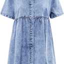 Denim Dress With Short Sleeves, Button-Down, Flowy Midi Dress, White Lace Summer Dress For Women, Bu2 (Medium, Blue)