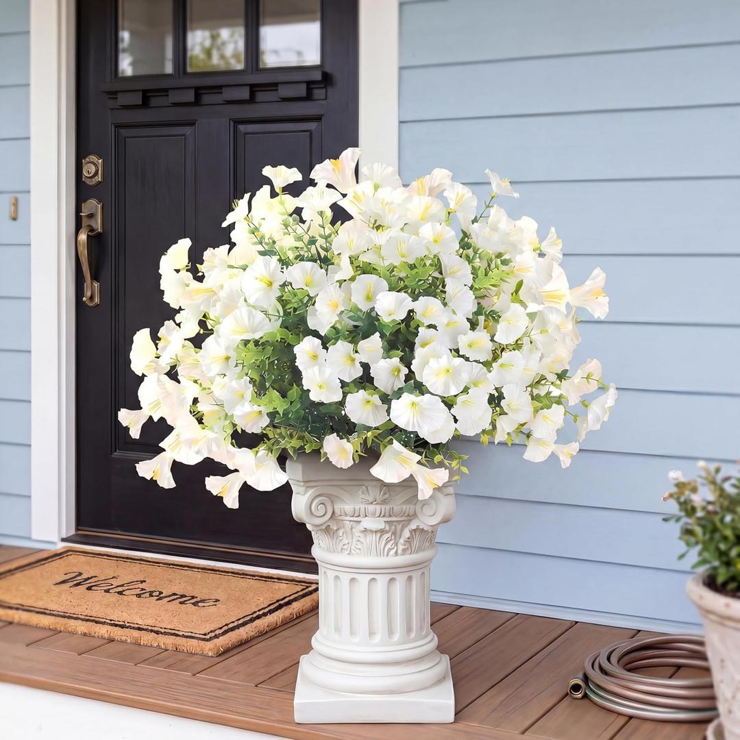 Artificial Flowers for Outdoors 12 Bundles Realistic Faux Plants UV Resistant Fake Silk Morning Glory with Eucalyptus for Front Door Planter Patio Porch Outside Spring Summer Decoration (White)