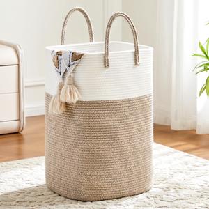 Laundry Basket, Woven Cotton Rope Laundry Hamper, Versatile Storage for Dirty Clothes, Baby Toys, and Blankets in Bathroom, Nursery, and Living Room (Brown, 60L)