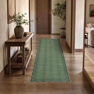 GarveeHome 2.5x8 Scalloped Washable Runner Rug for Kitchen, Soft Green Long Hallway Runner Non Slip Entryway Rug Farmhouse Thin Laundry Mat Stain Resistant Carpet for Bathroom Beside Rug