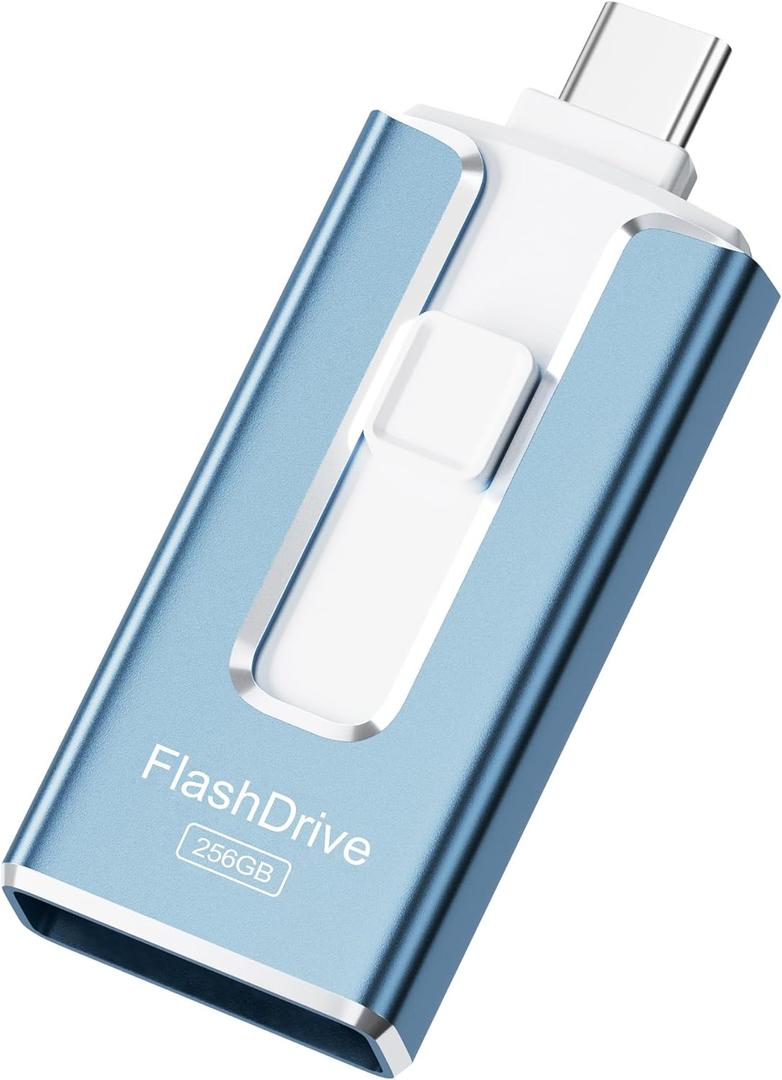 MFi Certified 256GB Flash Drive for iPhone, 3 in 1 Type-C USB Memory Stick Thumb Drive for Photos Videos, High Speed External Memory Storage Photo Stick for iPhone iPad Android PC (Sky Blue)